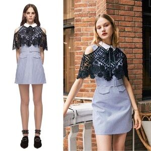 FEW MODA • Shirting Lace Cape Mini Dress blue white striped black open shoulder
